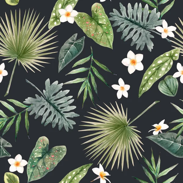 Magnifique motif sans couture avec des feuilles et des fleurs tropicales aquarelle. Illustration de stock — Photo
