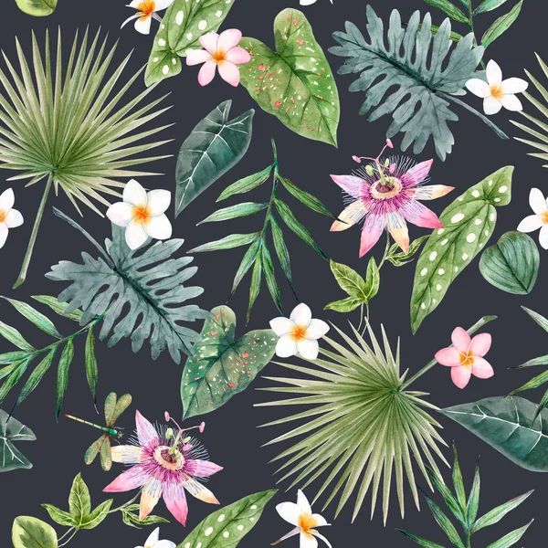 Hermoso patrón sin costura con acuarela hojas tropicales y flores. Ilustración general —  Fotos de Stock