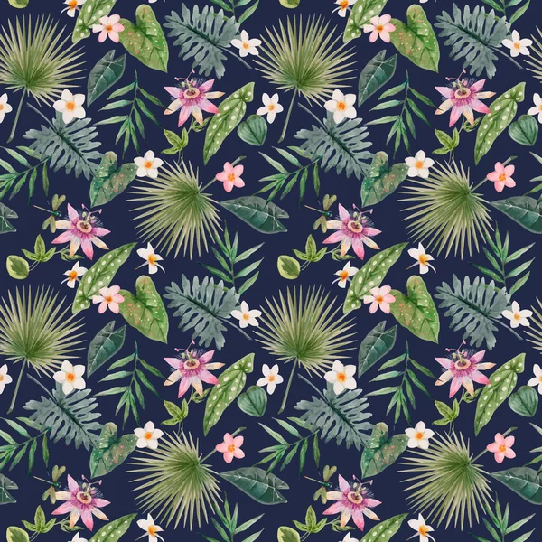 Hermoso patrón inconsútil vector con acuarela hojas tropicales y flores. Ilustración general — Archivo Imágenes Vectoriales