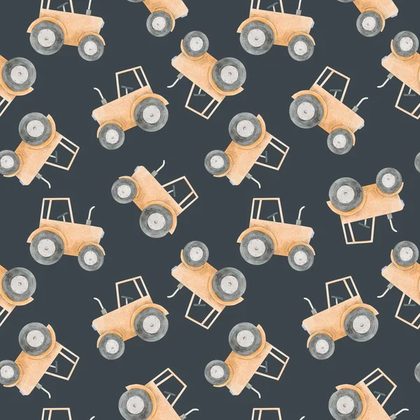 Beautiful seamless pattern with watercolor yellow tractor. Stock illustration. — Stock Photo, Image