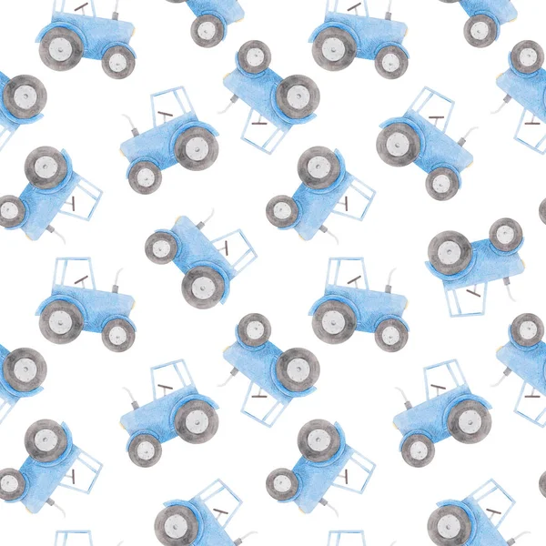 Beautiful seamless pattern with watercolor blue tractor. Stock illustration. — Stock Photo, Image