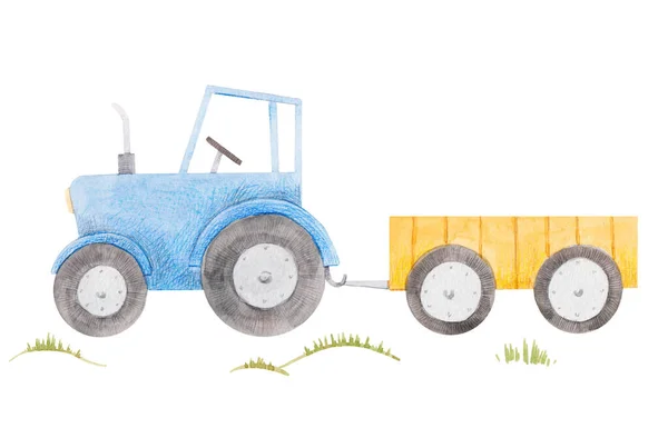 Schöne Aktienillustration mit niedlichem Aquarell blau Bauernhof Traktor. — Stockfoto