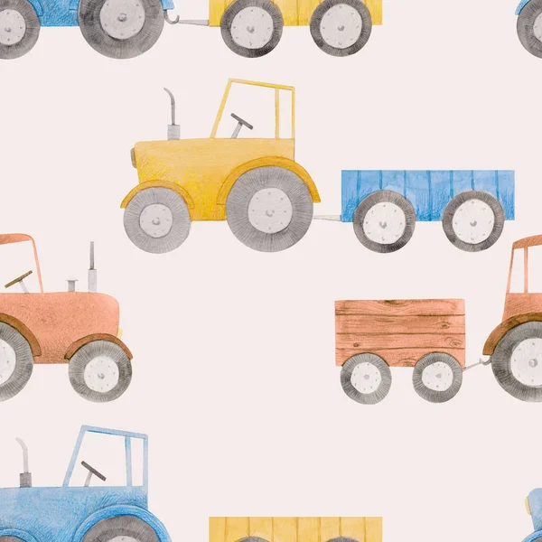 Mooie naadloze patroon met aquarel kleurrijke tractoren. Voorraadillustratie. — Stockfoto
