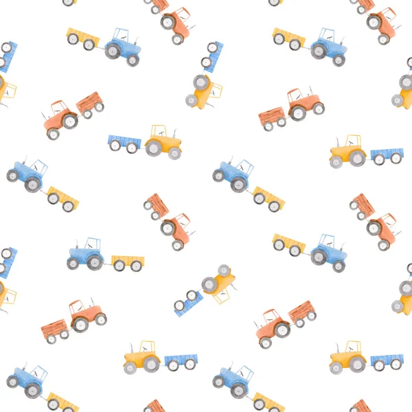 Mooie naadloze patroon met aquarel kleurrijke tractoren. Voorraadillustratie. — Stockfoto