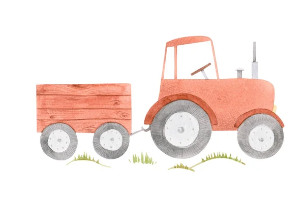 Ilustrasi saham yang indah dengan traktor pertanian cat air lucu. — Stok Foto