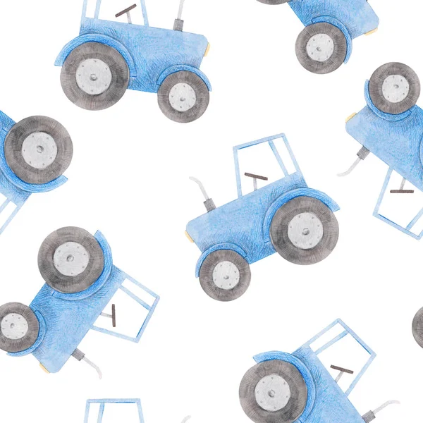 Bellissimo modello senza soluzione di continuità con trattore blu acquerello. Illustrazione delle scorte. — Foto Stock