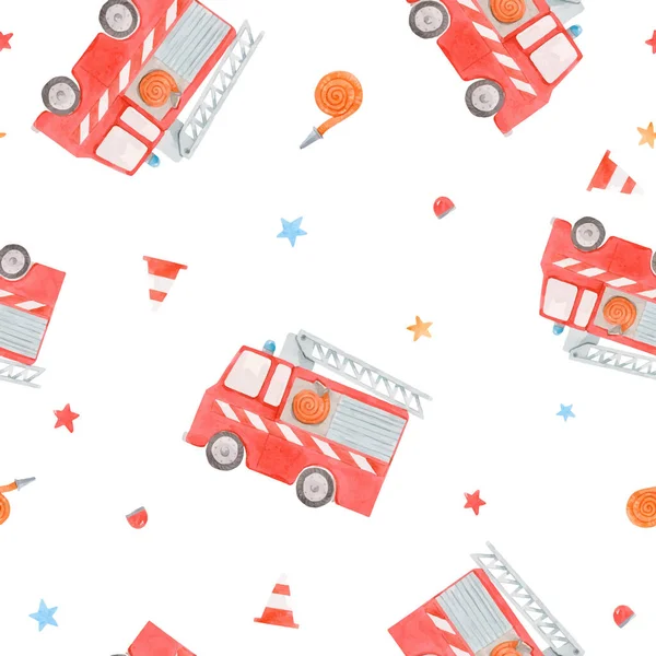 Beautiful vector seamless pattern with cute watercolor toy fire engine. Stock illustration. — Stock Vector
