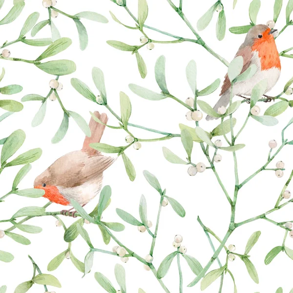 Magnifique motif sans couture avec des feuilles de gui aquarelle avec des oiseaux de merle. Illustration de stock. — Photo