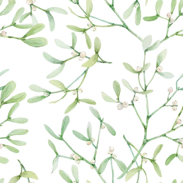 Beautiful seamless pattern with watercolor mistletoe plant leaves. Stock illustraqtion. — Stock Photo, Image