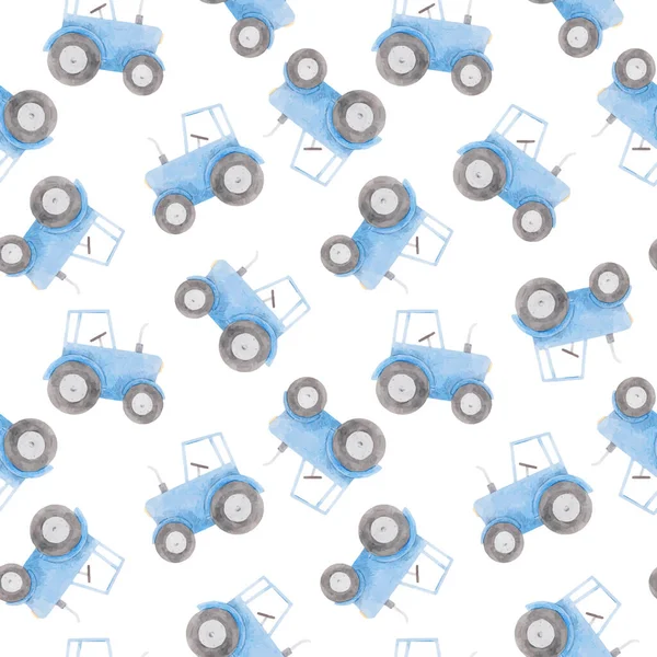 Vackert sömlöst mönster med akvarellblå traktor. Lagerillustration. — Stock vektor