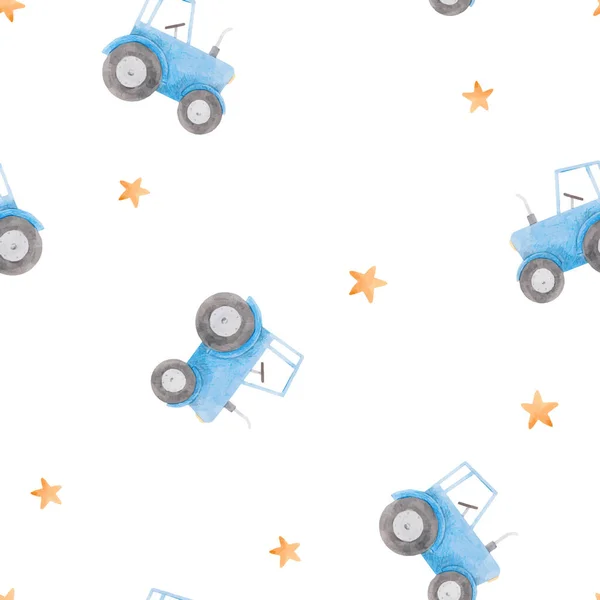 Piękny bezszwowy wzór z akwarelowym niebieskim ciągnikiem. Ilustracja. — Wektor stockowy