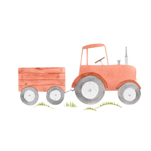 Bella illustrazione stock con carino trattore fattoria acquerello. — Vettoriale Stock