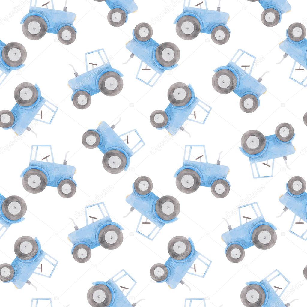 Beautiful seamless pattern with watercolor blue tractor. Stock illustration.