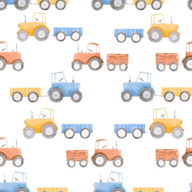 Renkli traktörlü, kusursuz bir desen. Stok illüstrasyonu.