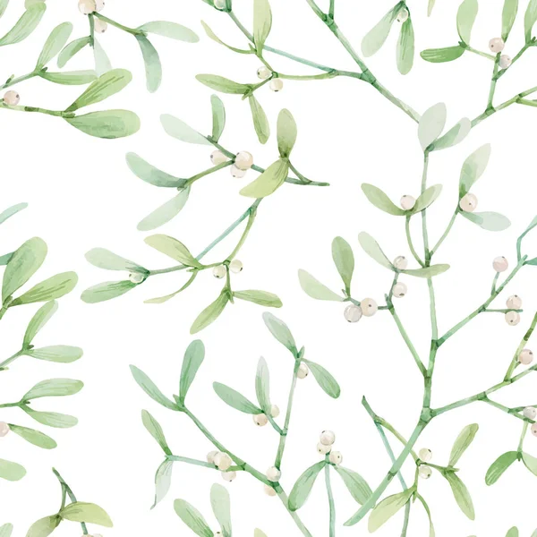 Beautiful seamless pattern with watercolor mistletoe plant leaves. Stock illustraqtion. — Stock Vector