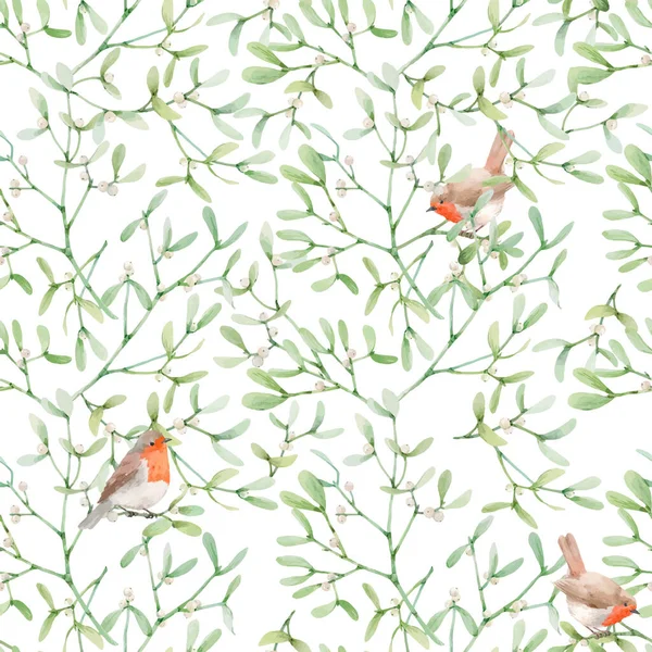 Beautiful seamless pattern with watercolor mistletoe plant leaves with robin birds. Stock illustraqtion. — Stock Vector