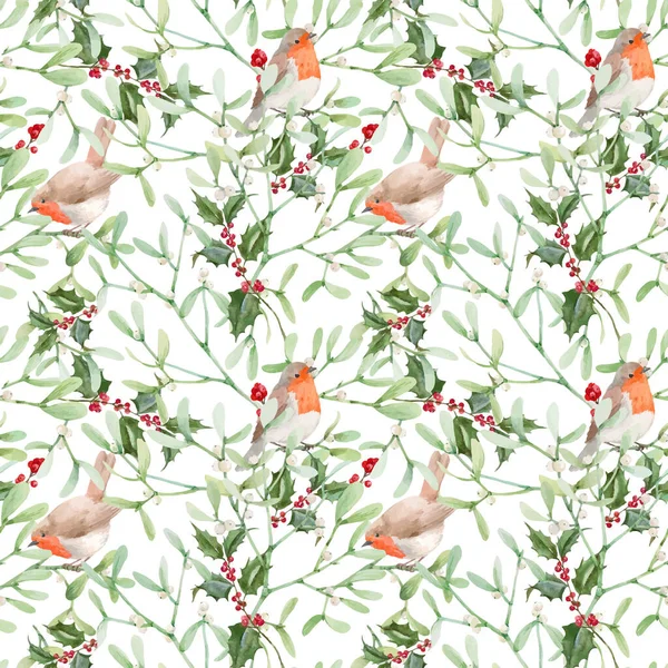 Beautiful seamless pattern with watercolor mistlee plant leaves with robin birds. Иллюстрация запасов. — стоковый вектор