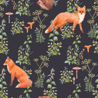 Su boyası orman bitkileri ve hayvanlarıyla kusursuz çiçek desenleri. Stok illüstrasyonu.