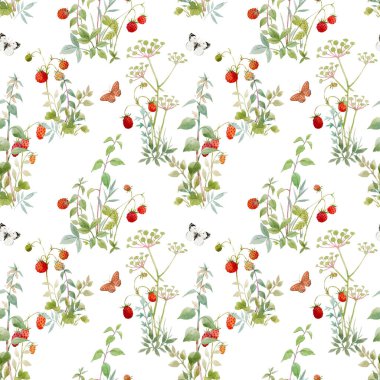 Su boyası orman bitkileri ve böğürtlenlerle kusursuz bir çiçek deseni. Stok illüstrasyonu.