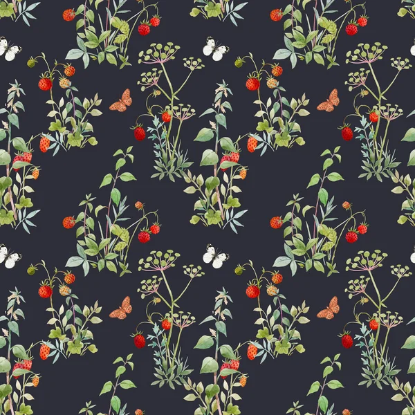 Beautiful seamless floral pattern with watercolor forest plants and berries. Stock illustration. — Stock Photo, Image