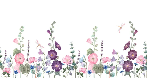 Beautiful horizontal seamless floral pattern with watercolor summer mallow flowers. Stock illustration. — Stock Photo, Image