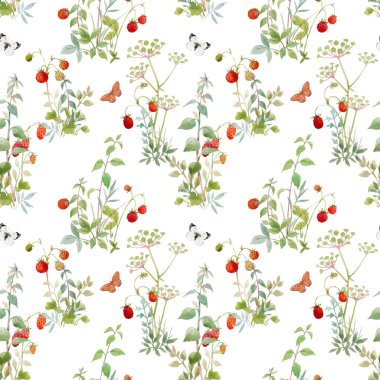 Su boyası orman bitkileri ve böğürtlenlerle mükemmel bir çiçek deseni. Stok illüstrasyonu.