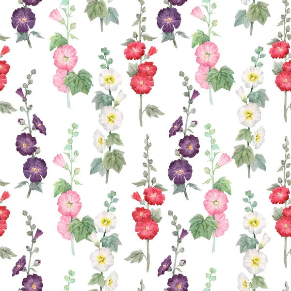 Beautiful seamless floral pattern with watercolor summer mallow flowers. Stock illustration. — Stock Photo, Image