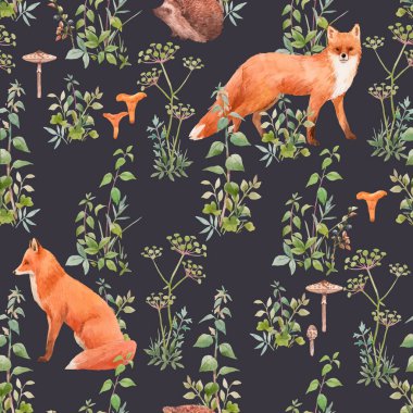 Su boyası orman bitkileri ve hayvanlarıyla kusursuz çiçek desenli güzel vektör. Stok illüstrasyonu.