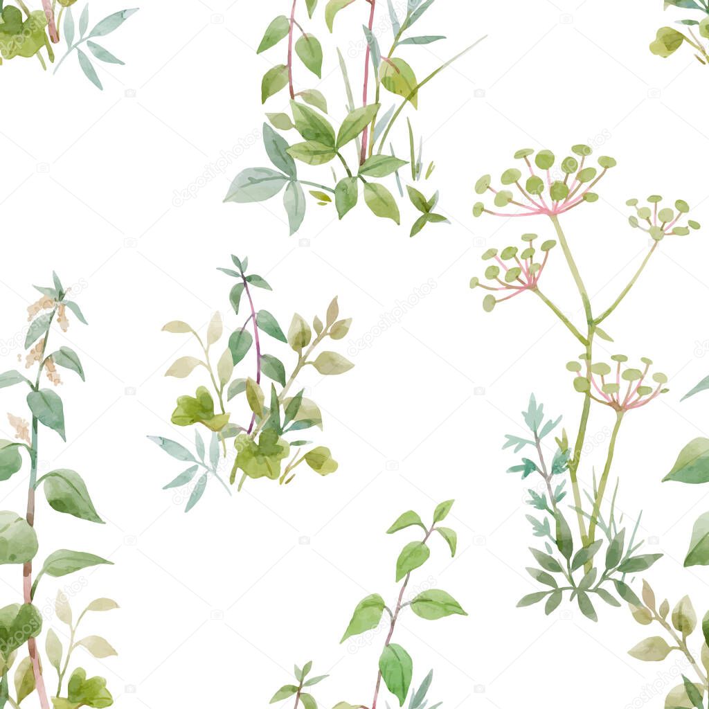 Beautiful vector seamless floral pattern with watercolor forest plants. Stock illustration.