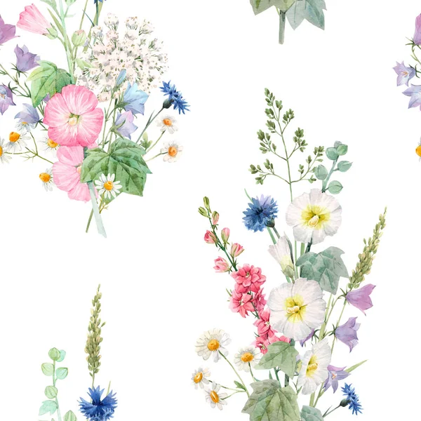 Suluboya yaz çiçekleriyle kusursuz desenli güzel bir çiçek deseni. Stok illüstrasyonu. — Stok fotoğraf