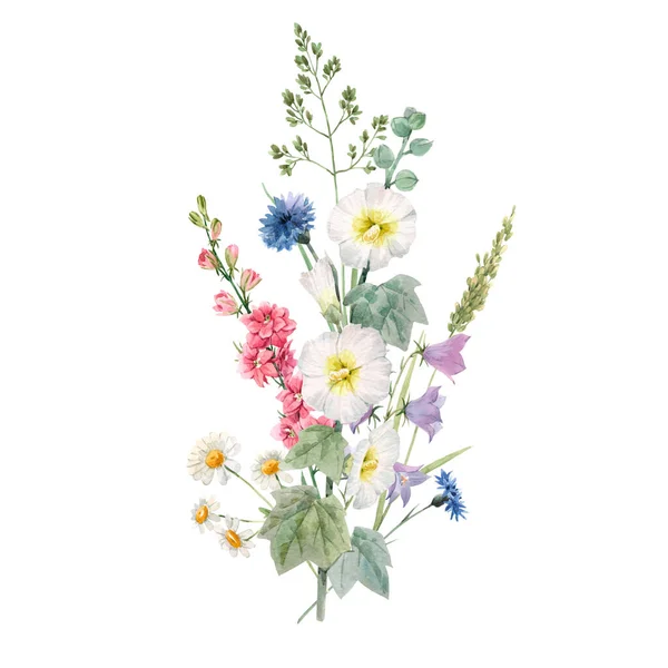 Beau bouquet floral avec des fleurs d'été aquarelle. Illustration de stock. — Photo