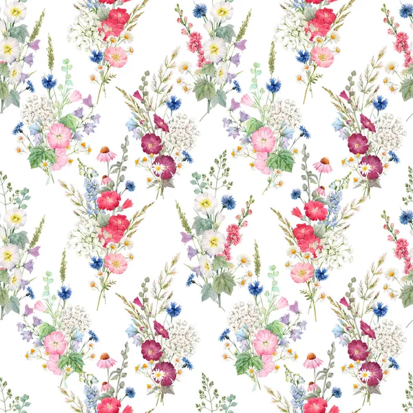 Beau motif floral sans couture avec des fleurs d'été aquarelle. Illustration de stock. — Photo