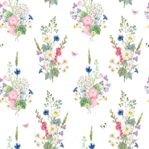 Beau motif floral sans couture avec des fleurs d'été aquarelle. Illustration de stock. — Photo