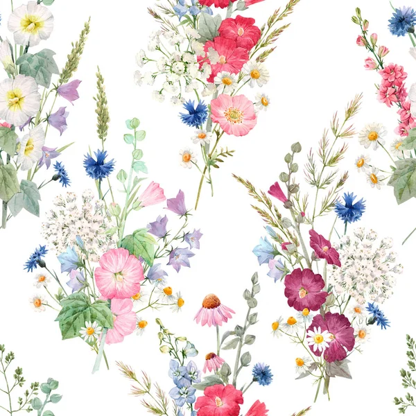Piękny bezszwowy kwiatowy wzór z akwarelowymi kwiatami latem. Ilustracja. — Zdjęcie stockowe