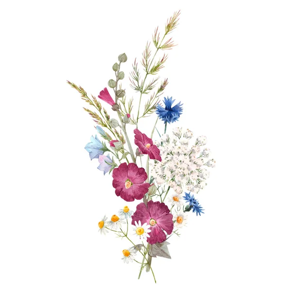 Beau bouquet floral avec des fleurs d'été aquarelle. Illustration de stock. — Photo