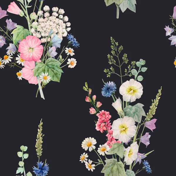 Beau motif floral sans couture avec des fleurs d'été aquarelle. Illustration de stock. — Photo