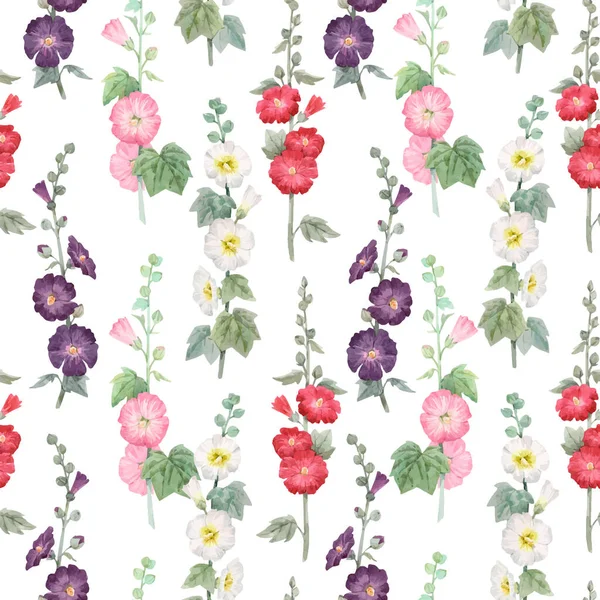 Smukke vektor sømløse blomstermønster med akvarel sommer mallow blomster. Aktieillustration. – Stock-vektor