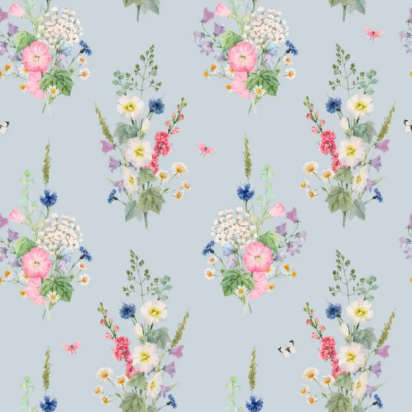 Magnifique motif floral vectoriel sans couture avec des fleurs d'été aquarelle. Illustration de stock. — Image vectorielle