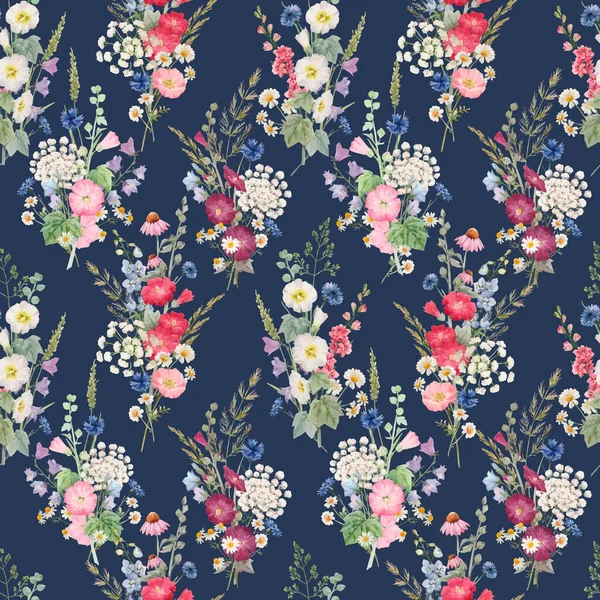 Vacker vektor sömlös blommönster med akvarell sommarblommor. Lagerillustration. — Stock vektor