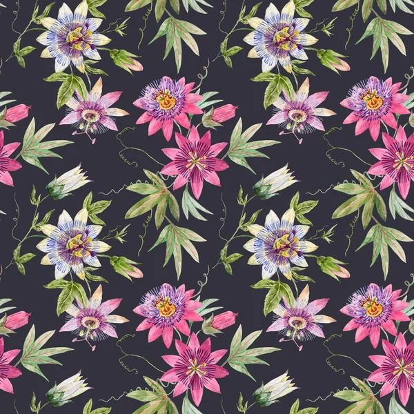 Beautiful Seamless Floral Pattern Hand Drawn Watercolor Passionflower Flowers Stock — Stock Photo, Image