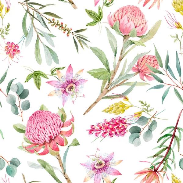 Mooie naadloze bloemenpatroon met aquarel zomer protea en passiebloem bloemen. Voorraadillustratie. — Stockfoto