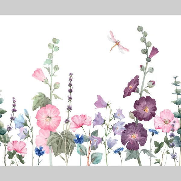 Hermoso vector horizontal patrón floral sin costuras con flores de malva de verano acuarela. Ilustración general. — Archivo Imágenes Vectoriales