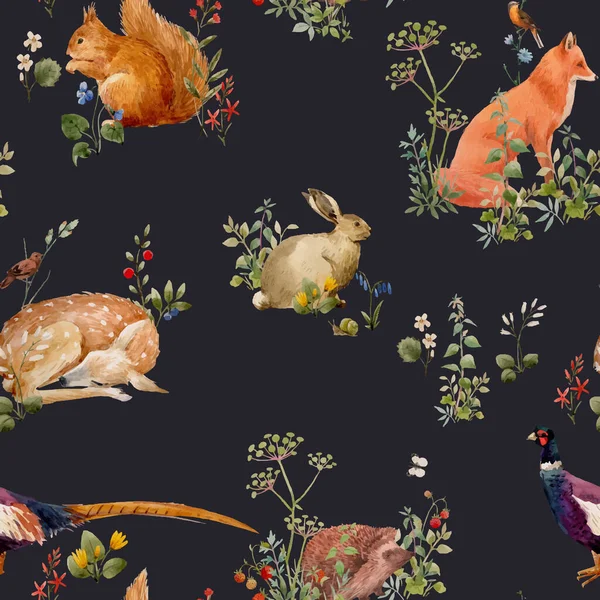 Magnifique motif floral vectoriel sans couture avec des plantes et des animaux de la forêt aquarelle. Illustration de stock. — Image vectorielle