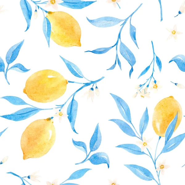 美丽的无缝图案,手绘水色柠檬和蓝色叶子.库存说明. — 图库照片