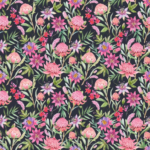 Hermoso patrón floral sin costuras con acuarela verano pasiflora y flores de waratah protea. Ilustración general. — Foto de Stock