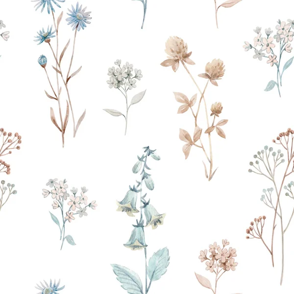 Sonbahar çiçekleri suluboya ve kusursuz çiçek desenleri. Stok illüstrasyonu.