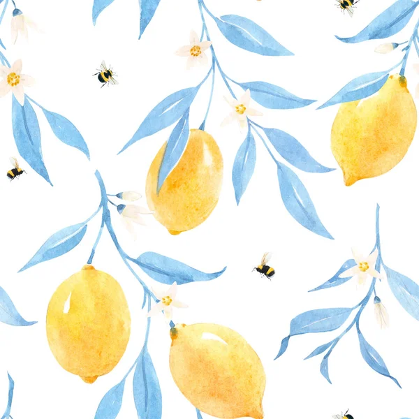 Magnifique motif sans couture avec aquarelle dessinée à la main citrons et feuilles bleues. Illustration de stock. — Photo