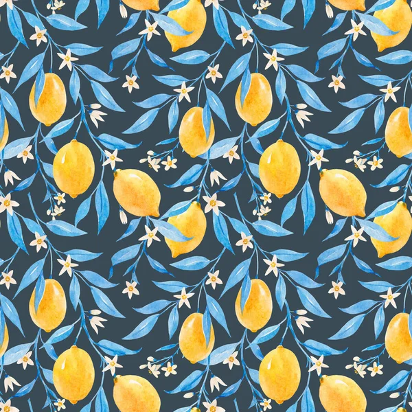 Hermoso patrón sin costuras con limones de acuarela dibujados a mano y hojas azules. Ilustración general. —  Fotos de Stock