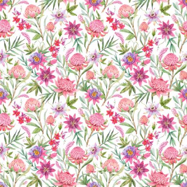 Su boyası, tutku çiçeği ve waratah protea çiçekleri olan kusursuz bir çiçek deseni. Stok illüstrasyonu.