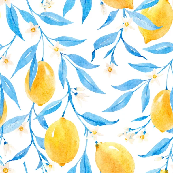 Hermoso patrón sin costuras con limones de acuarela dibujados a mano y hojas azules. Ilustración general. — Foto de Stock